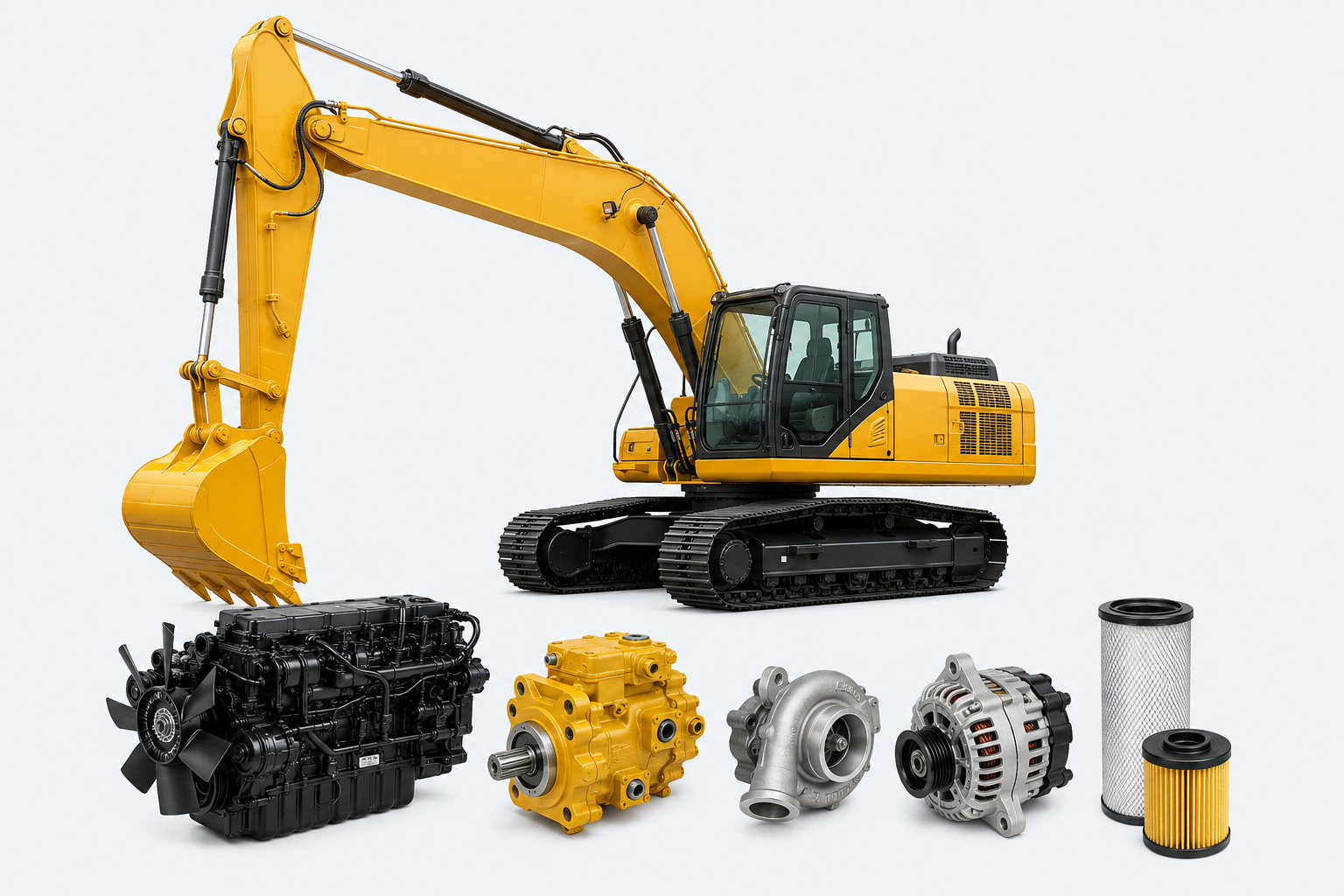 Excavator with representative engine, hydraulic, turbocharger, alternator and filter parts