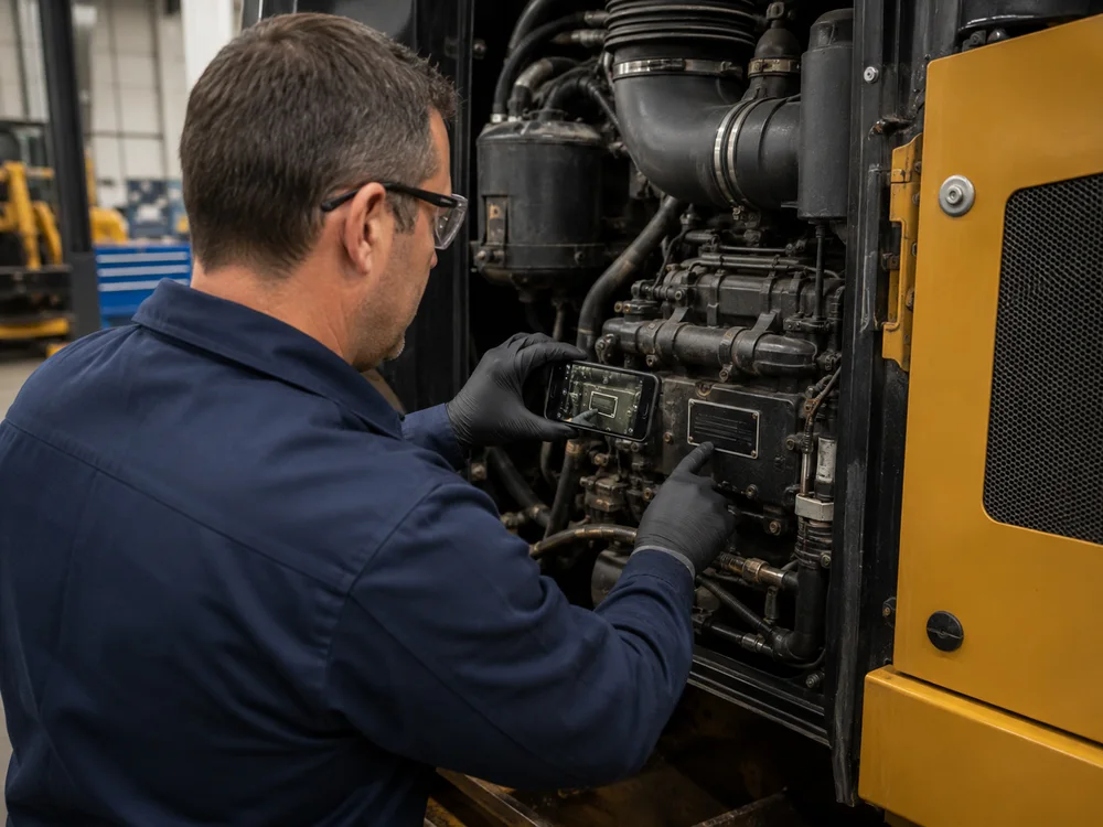 Technician checking an identification plate on construction equipment
