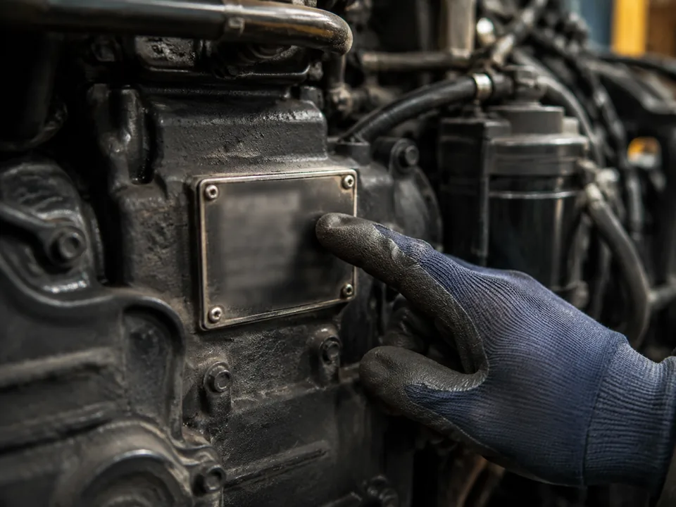 Gloved technician pointing to an unreadable identification plate on an engine