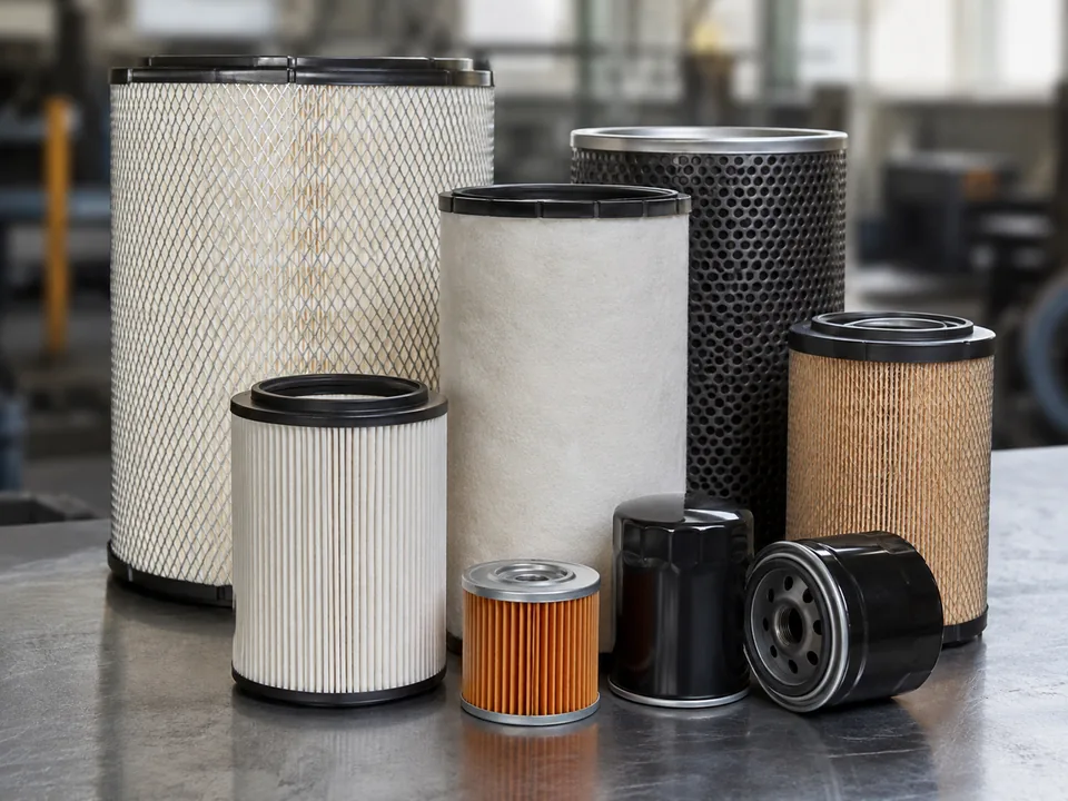 Assortment of unbranded industrial equipment filters on a workbench