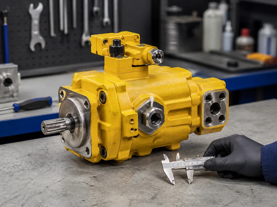 Unbranded yellow hydraulic pump being measured on a workshop bench